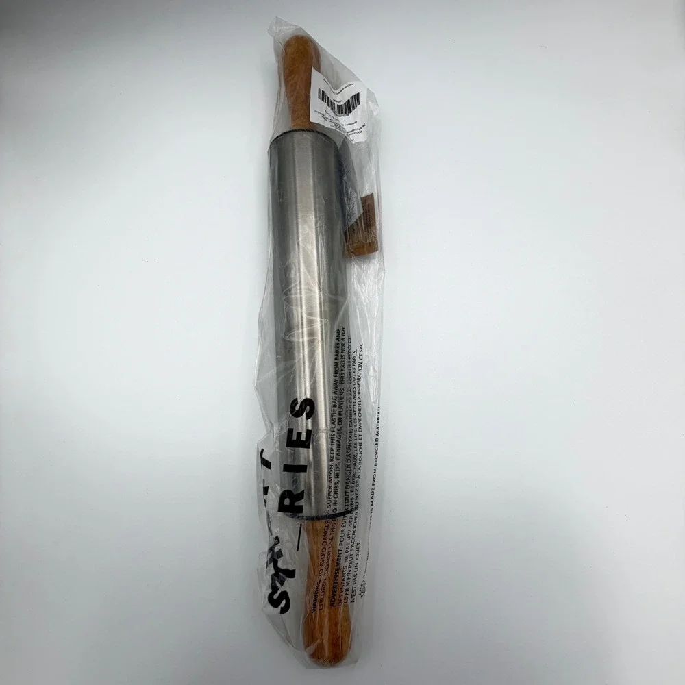 Short Stories 17 Inch Stainless Steel Rolling Pin Wood Handles FabFitFun NWT